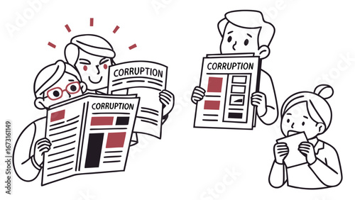 Public awareness of corruption news. Diverse people reading newspaper headlines about social issues and injustice, vector illustration.