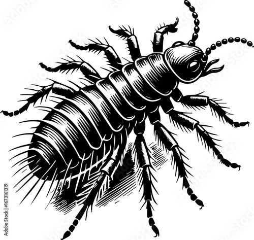 Detailed black and white illustration of a flea with segmented body and multiple legs visible clearly