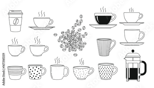 Variety of Hand-Drawn Coffee Cups, Mugs and Coffee Beans Collection Isolated on White.