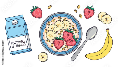 Healthy Breakfast Illustration with Oatmeal, Strawberries, Banana, and Milk Carton