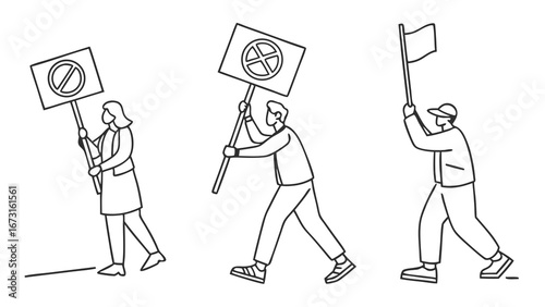 Line art illustration of people marching in protest, holding signs and a blank flag. Activism and social movement concept.