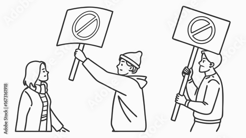 Line art of people protesting with 'no' signs, symbolizing disagreement, activism, and social issues.