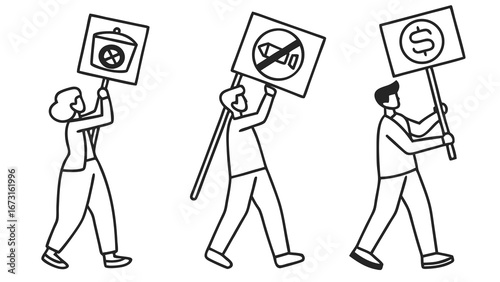 Protestors Marching for Environmental, Social, and Economic Change - Line Art Illustration