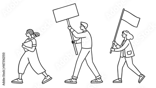 Line Art Protest March: People Holding Blank Signs & Flag for Activism and Demonstration