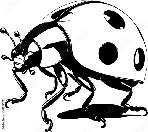 Detailed monochrome illustration of a ladybug with distinct spots and intricate leg details shown