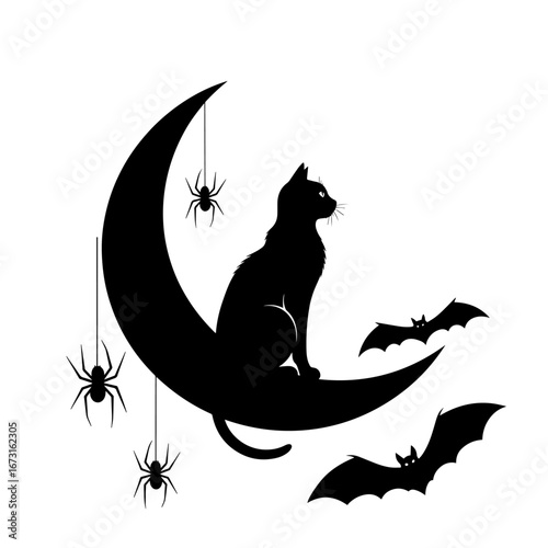 Black & white vector silhouette of a Halloween cat on a moon on a white background