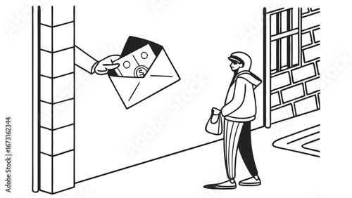 Secret cash delivery in envelope to person on street. Illicit financial transaction, payment, bribe, or underground economy concept.