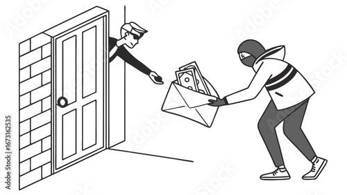 Clandestine Money Exchange Illustration. Masked Figure Hands Cash Envelope Through Doorway. Illegal Transaction, Bribery, Black Market Deal Concept.