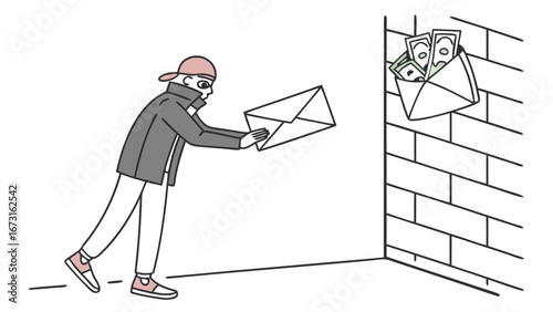 Secret money exchange illustration with envelopes hidden in a wall, person engaging in illicit financial transaction, bribery concept.