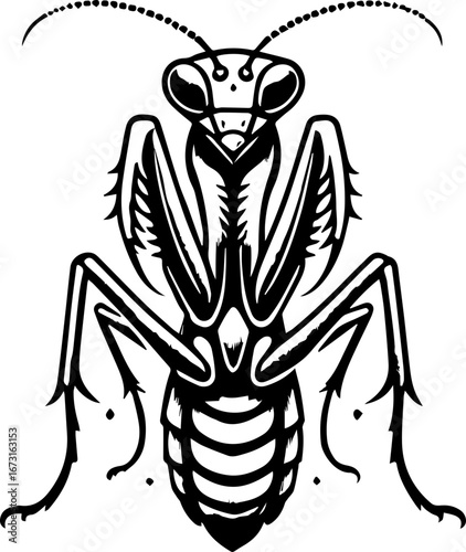 Detailed black and white illustration of a praying mantis with intricate line work and bold design elements