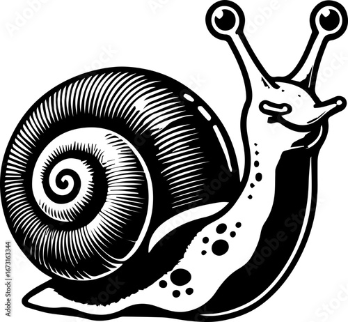 Illustration of a snail with a patterned shell and antennae in black and white vector format