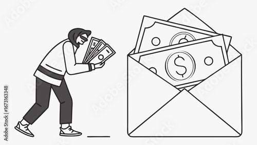 Handshake with Money in Envelope Illustration. Financial transaction, payment, deal, or bribe concept in black and white line art.