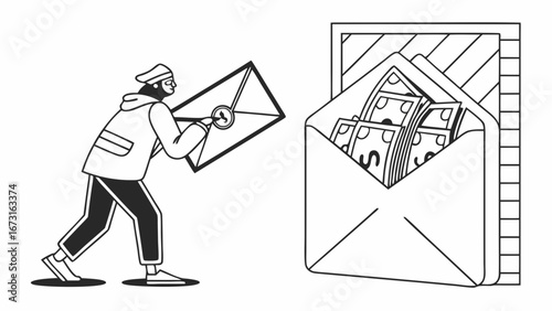 Handshake with Money in Envelope Illustration. Financial transaction, payment, deal, or bribe concept in black and white line art.