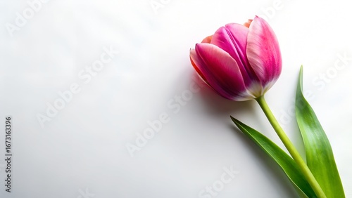 Single vibrant pink tulip with green stem and leaves against a bright white space