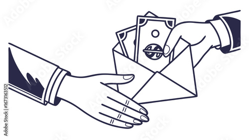 Handshake with Money in Envelope Illustration. Financial transaction, payment, deal, or bribe concept in black and white line art.