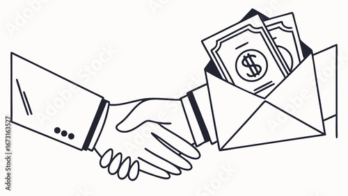 Handshake with Money in Envelope Illustration. Financial transaction, payment, deal, or bribe concept in black and white line art.