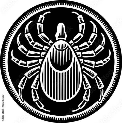 Detailed black and white illustration of a tick with eight legs and an oval body shape design art