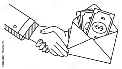Handshake with Money in Envelope Illustration. Financial transaction, payment, deal, or bribe concept in black and white line art.