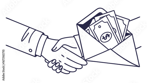 Handshake and money in envelope. Business deal, payment, salary, bonus, or bribery concept in line art style.