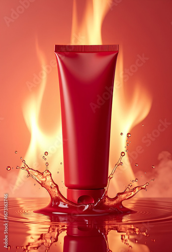Red plastic cosmetic tube mockup with splashes and drops of water on flame background