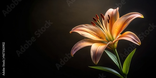 Close-up of a vibrant orange tiger lily with a dark moody background and empty space
