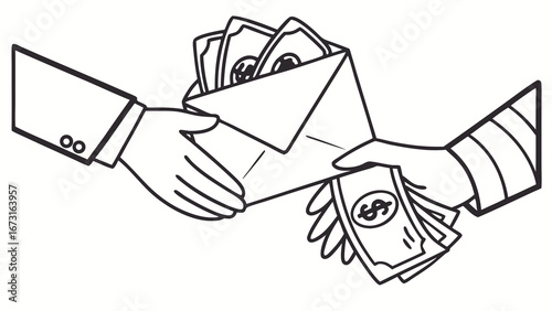 Hands exchanging cash and an envelope full of money. Financial transaction, payment, bribe, or secret deal concept vector illustration.
