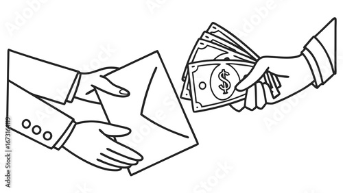 Handshake with Money in Envelope Illustration. Financial transaction, payment, deal, or bribe concept in black and white line art.