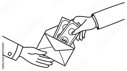 Handshake with Money in Envelope Illustration. Financial transaction, payment, deal, or bribe concept in black and white line art.