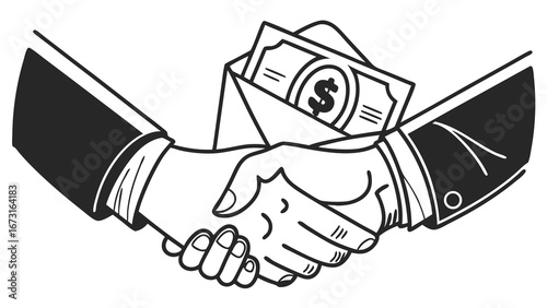 Handshake with Money in Envelope Illustration. Financial transaction, payment, deal, or bribe concept in black and white line art.