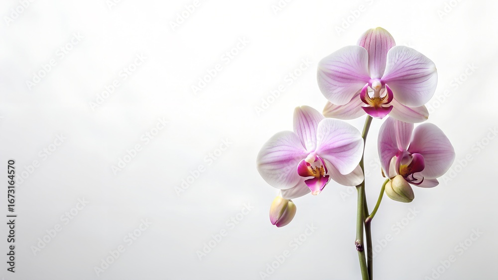 Fototapeta premium Delicate pink orchid blossoms bloom on a light airy background with copy space