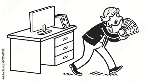 Businessman running with cash from office, financial gain, embezzlement, or quick profit concept