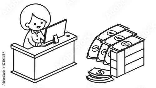 Cartoon character working on computer, with stacks of money. Represents income, earnings, financial gain, and business success.