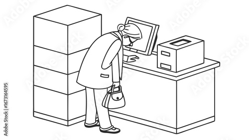 Isometric line art of senior woman intently viewing computer monitor on office desk, illustrating technology challenges or vision difficulty.