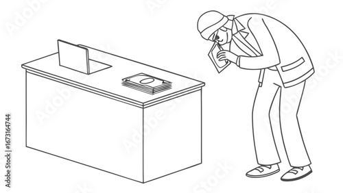 Blindfolded person at office desk with money, symbolizing business risk or unaware decision-making