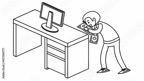 Person secretly examining money or documents at an office desk, isometric line art illustration