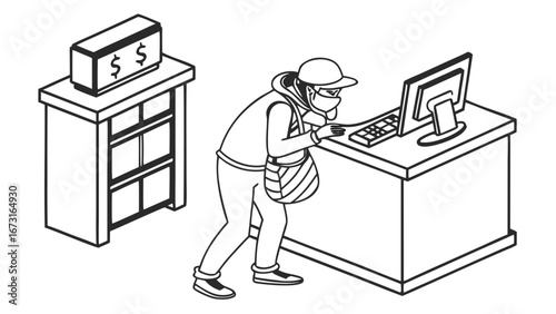 Masked hacker stealing data from computer in isometric line art illustration
