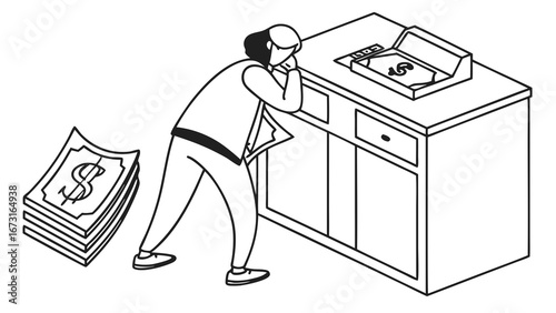 Person counting cash with money counter machine. Financial management, business income, and banking concept illustration.