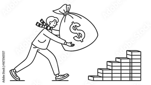 Financial growth journey: Person carrying money bag towards rising success steps. Investment and wealth accumulation concept.