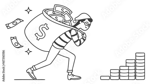 Wealth accumulation journey: Character with money bag moving towards growing coin stacks, symbolizing financial gain and ambition.