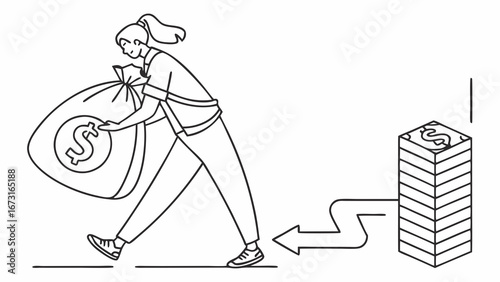Person carrying money bag from stack of cash. Financial growth, savings, income, investment, wealth management, business finance concept illustration.