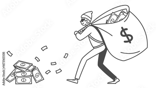 Thief with money bag and scattered cash. Financial crime, theft, and illegal wealth concept illustration.