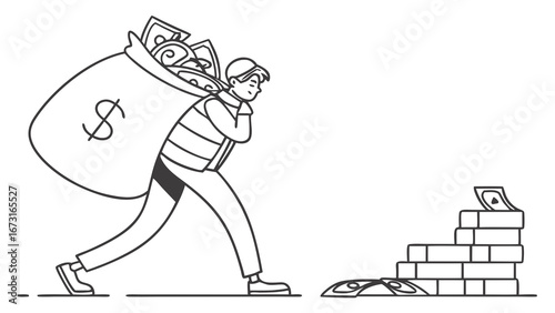 Thief carrying a large sack of stolen money, leaving a trail of cash. Financial crime and illicit gain concept, outline illustration.