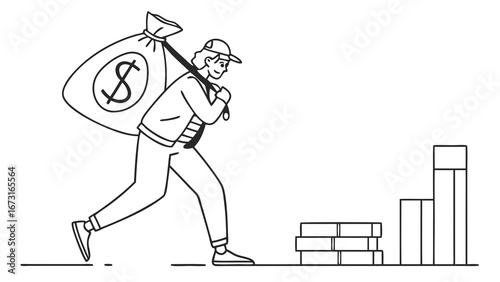 Person carrying stolen dollar money bag, symbolizing financial theft, illicit gain, fraud, or embezzlement. Outline illustration with wealth stacks.
