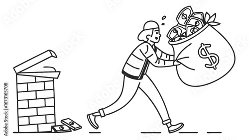 Thief running with stolen money sack from broken safe, crime and financial loss concept line art illustration