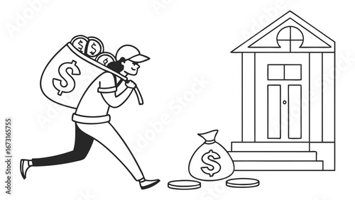Bank Robbery Illustration: Thief running with stolen money sack from a financial building. Financial crime concept.