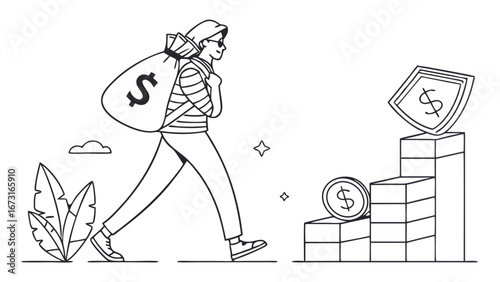Financial Growth Journey: Person with Money Bag Towards Security Shield. Saving, Investing, Wealth Management, and Protection Concept.