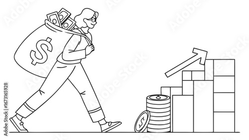 Financial growth and investment concept: Person carrying money bag approaches rising graph and coins, symbolizing wealth accumulation