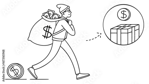 Person running with a large money bag and dollar coins, with a reward box icon, depicting financial gain, theft, or illegal transaction concept.
