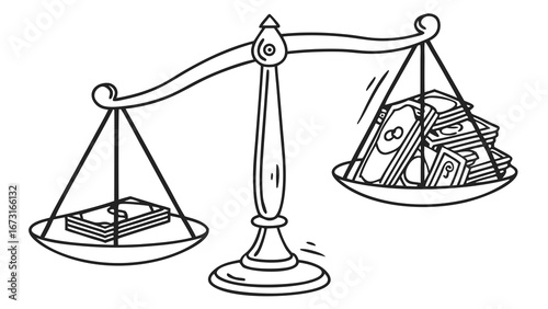 Financial disparity concept: Unequal money stacks on a balance scale, illustrating wealth difference and economic inequality.