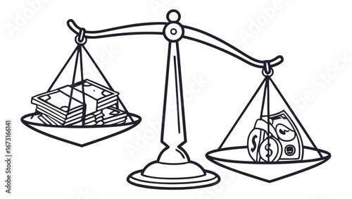 Unequal Money on Balance Scale: Financial Disparity & Wealth Imbalance Illustration